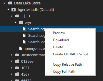 Shortcut menu commands for a file node in the Data Lake explorer