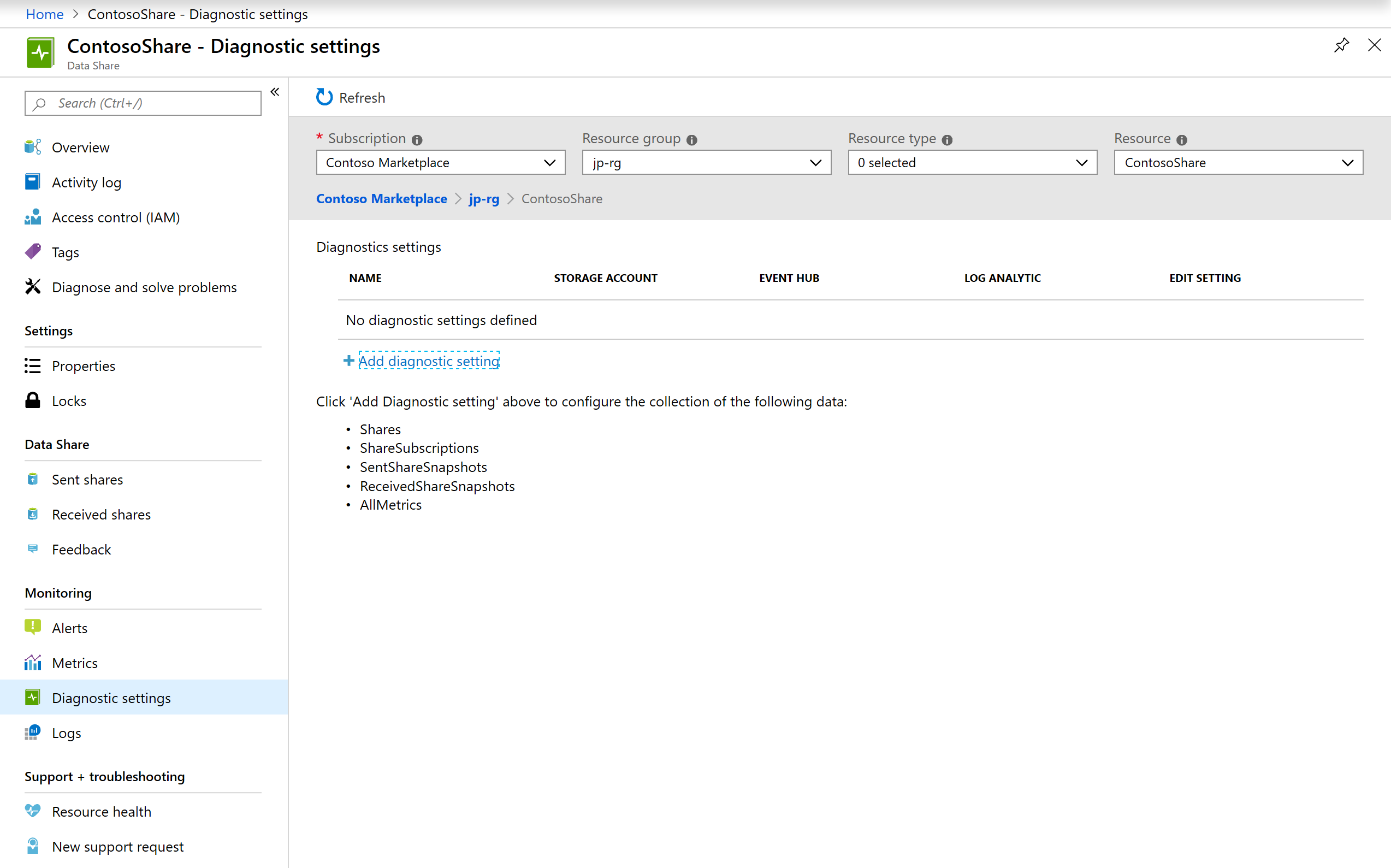 Screenshot that shows the Diagnostic settings page in the Azure portal.