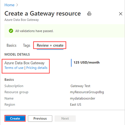 Screenshot of the Data Box Gateway resource details displayed for review.