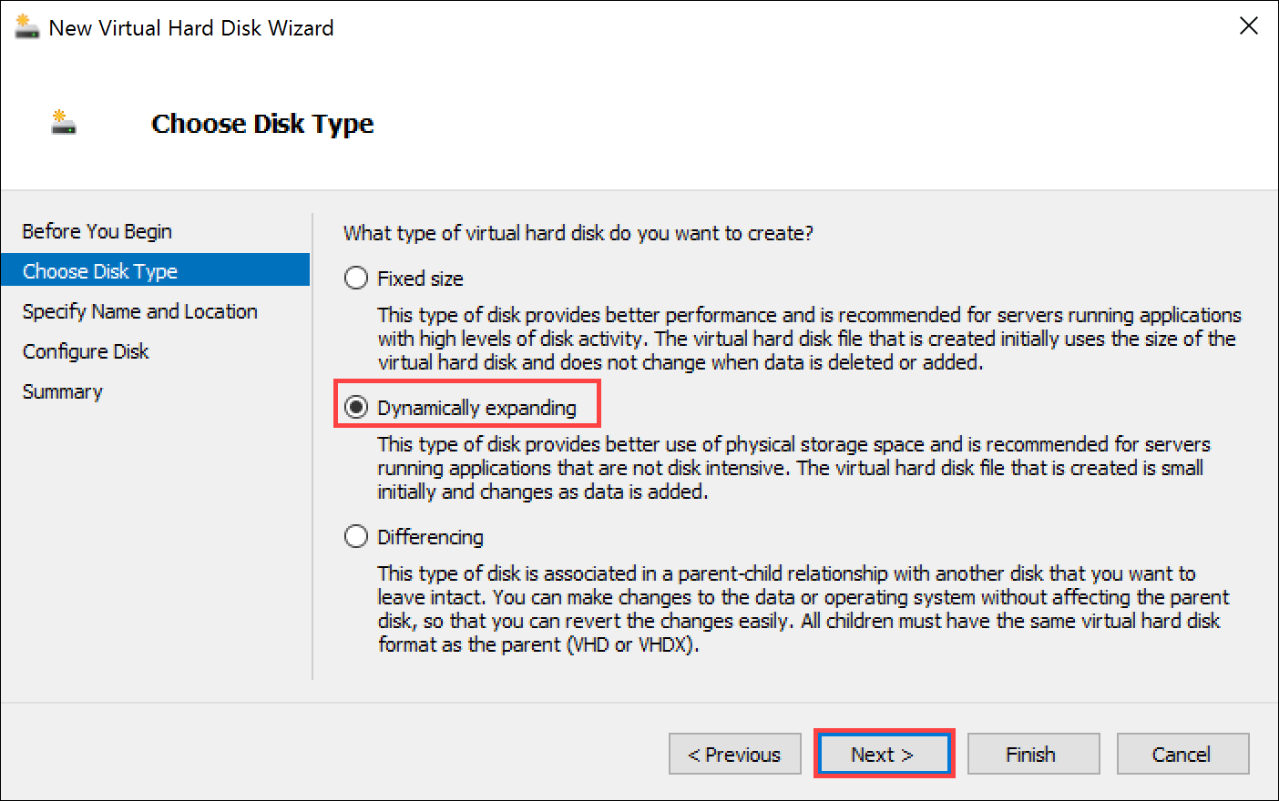 Choose Disk Type page