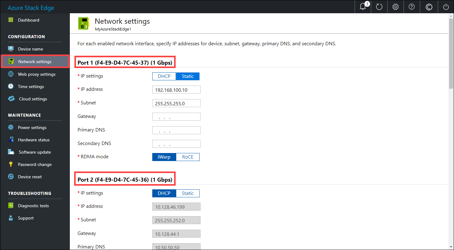 Local web UI "Network settings" page