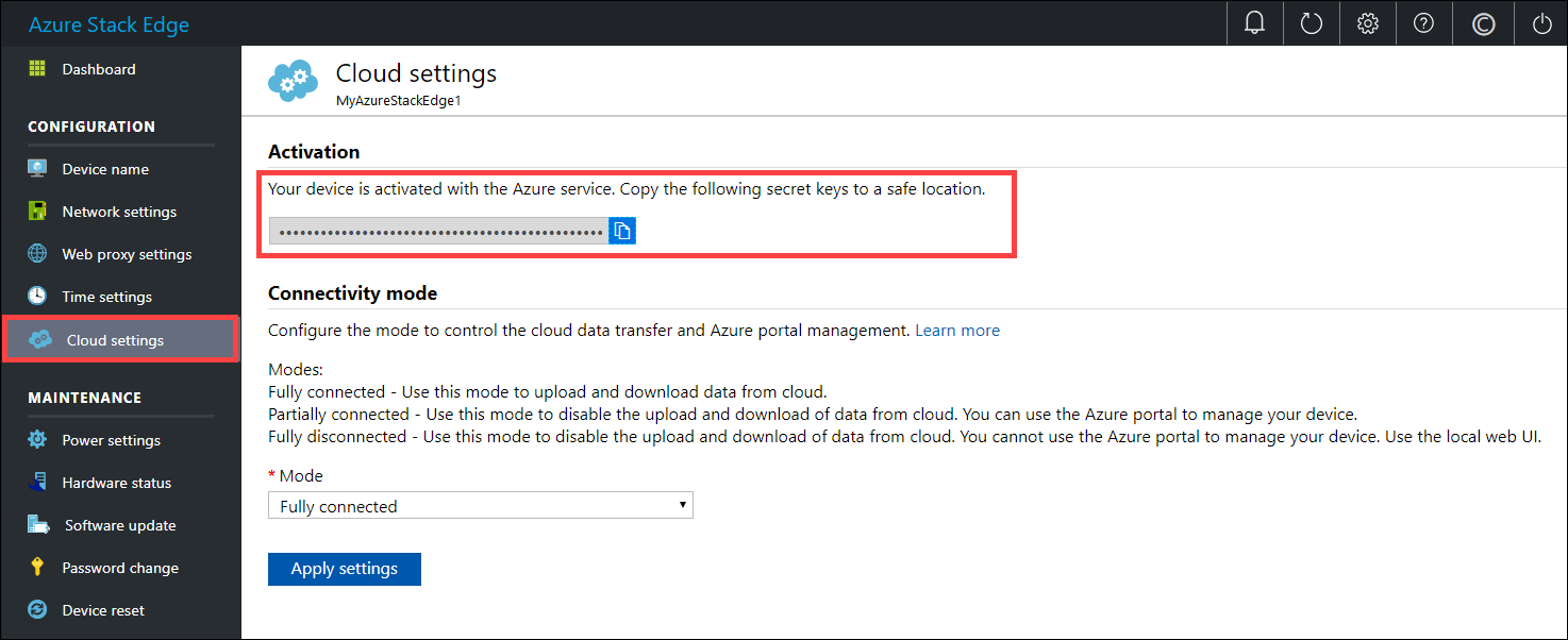 Local web UI "Cloud settings" page updated 2