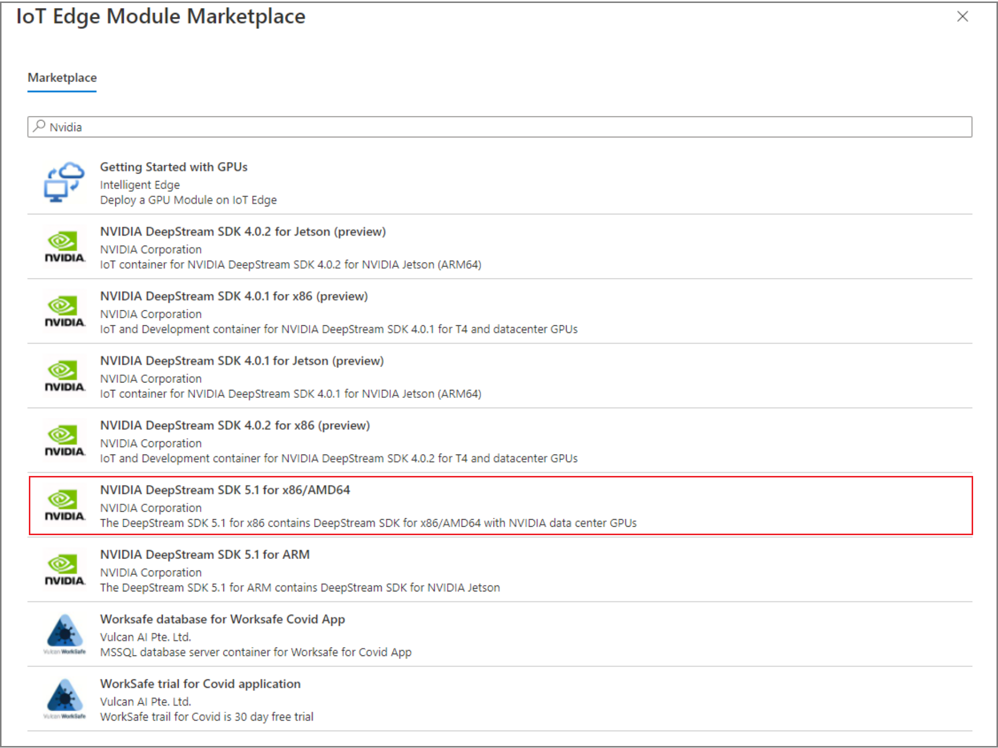 Screenshot of the Azure portal, IoT Edge Module Marketplace, modules options.