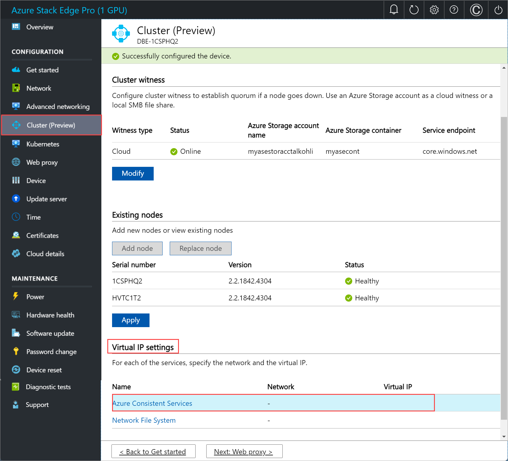 Local web UI "Cluster" page with "Azure Consistent Services" selected for "Virtual IP Settings" on first node
