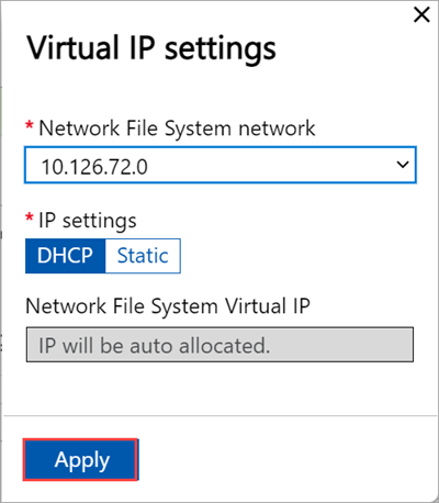 Local web UI "Cluster" page with "Virtual IP Settings" blade configured for NFS on first node
