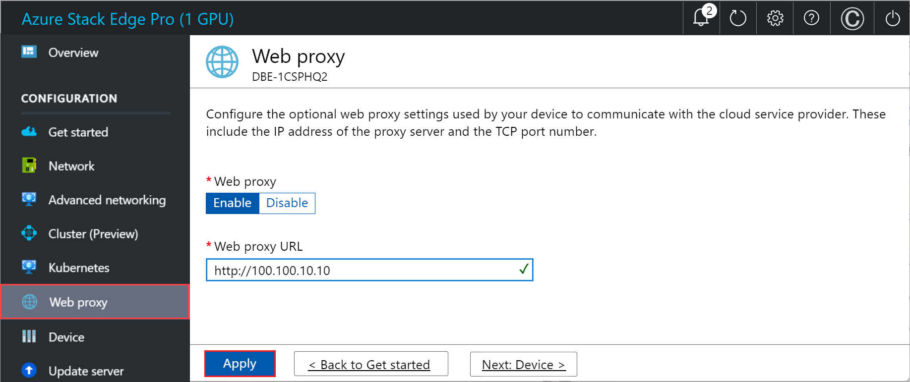 Screenshot of local web UI "Web proxy settings" page 2