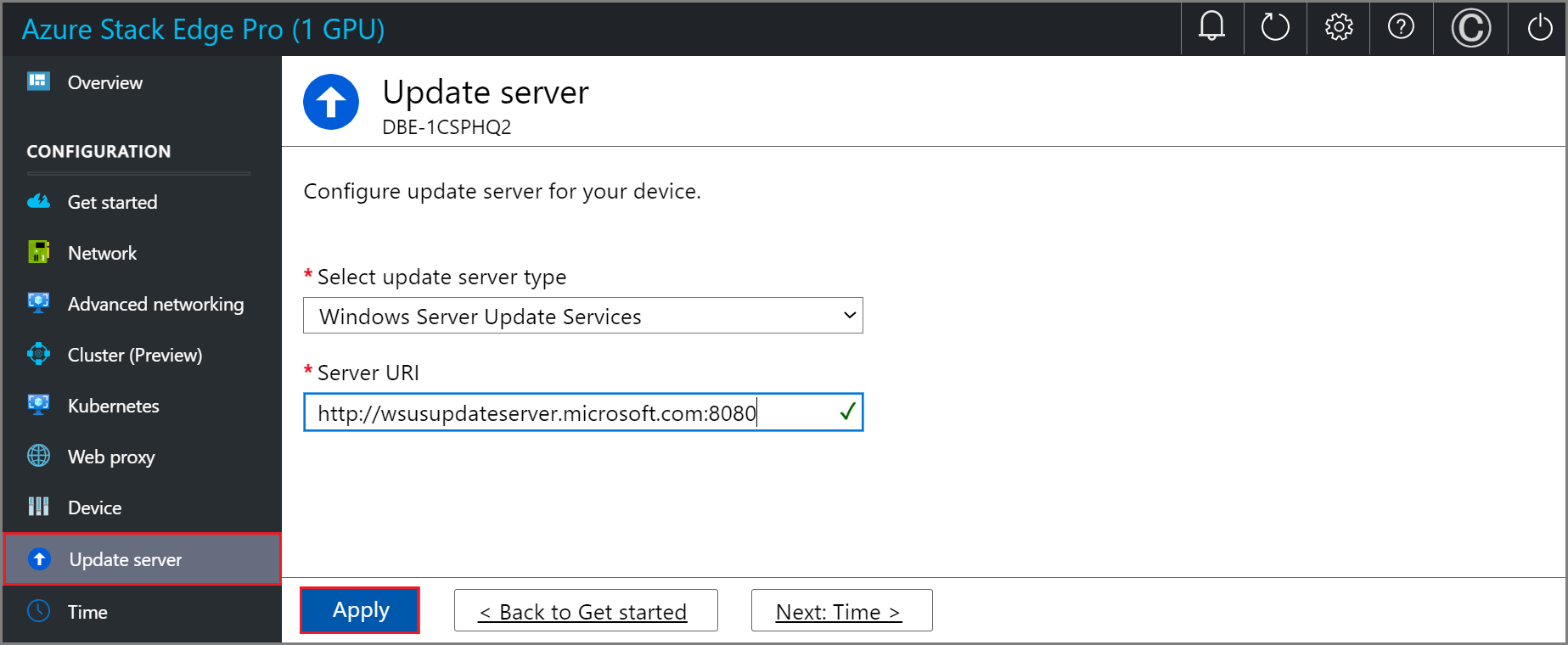 Screenshot of local web U I "Update Server" page 2.