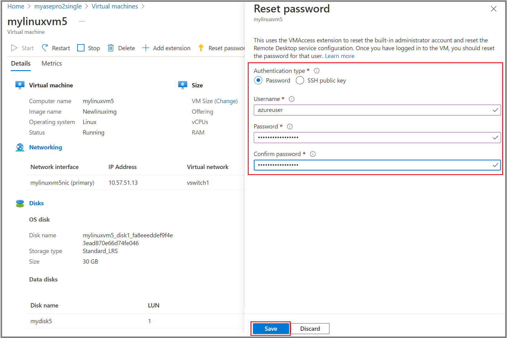 Screenshot of the Azure portal Linux V M change password control.