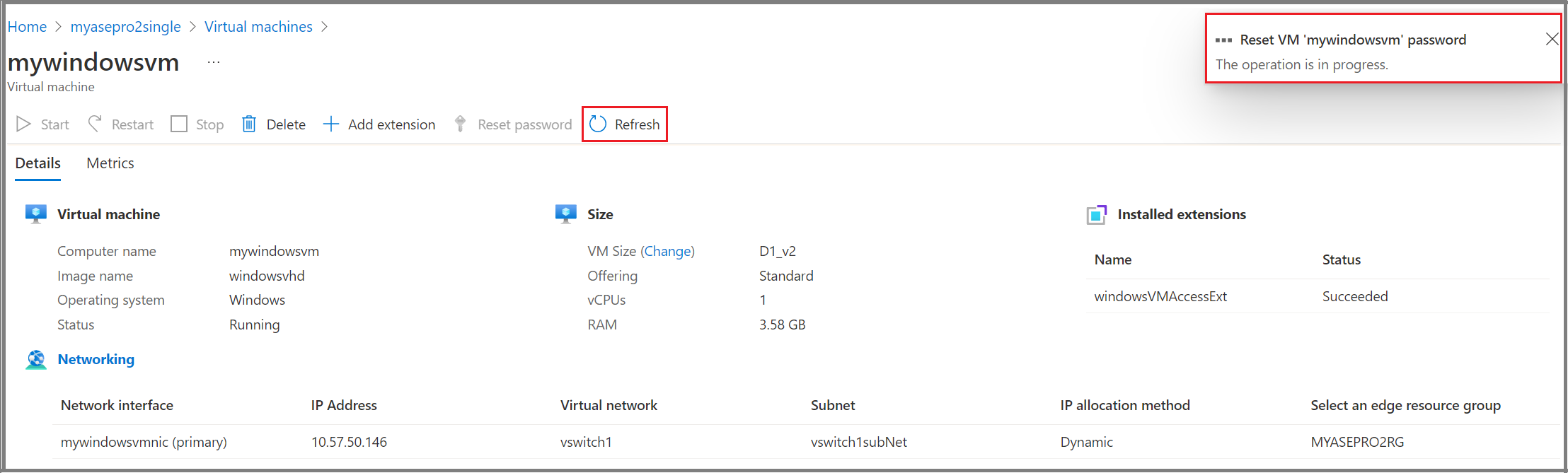 Screenshot of the Azure portal Windows V M change password progress.