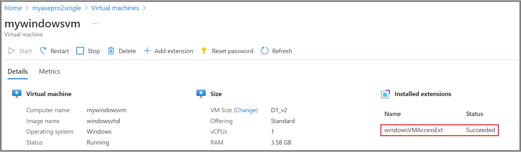 Screenshot of the Azure portal Windows V M change password confirmation.