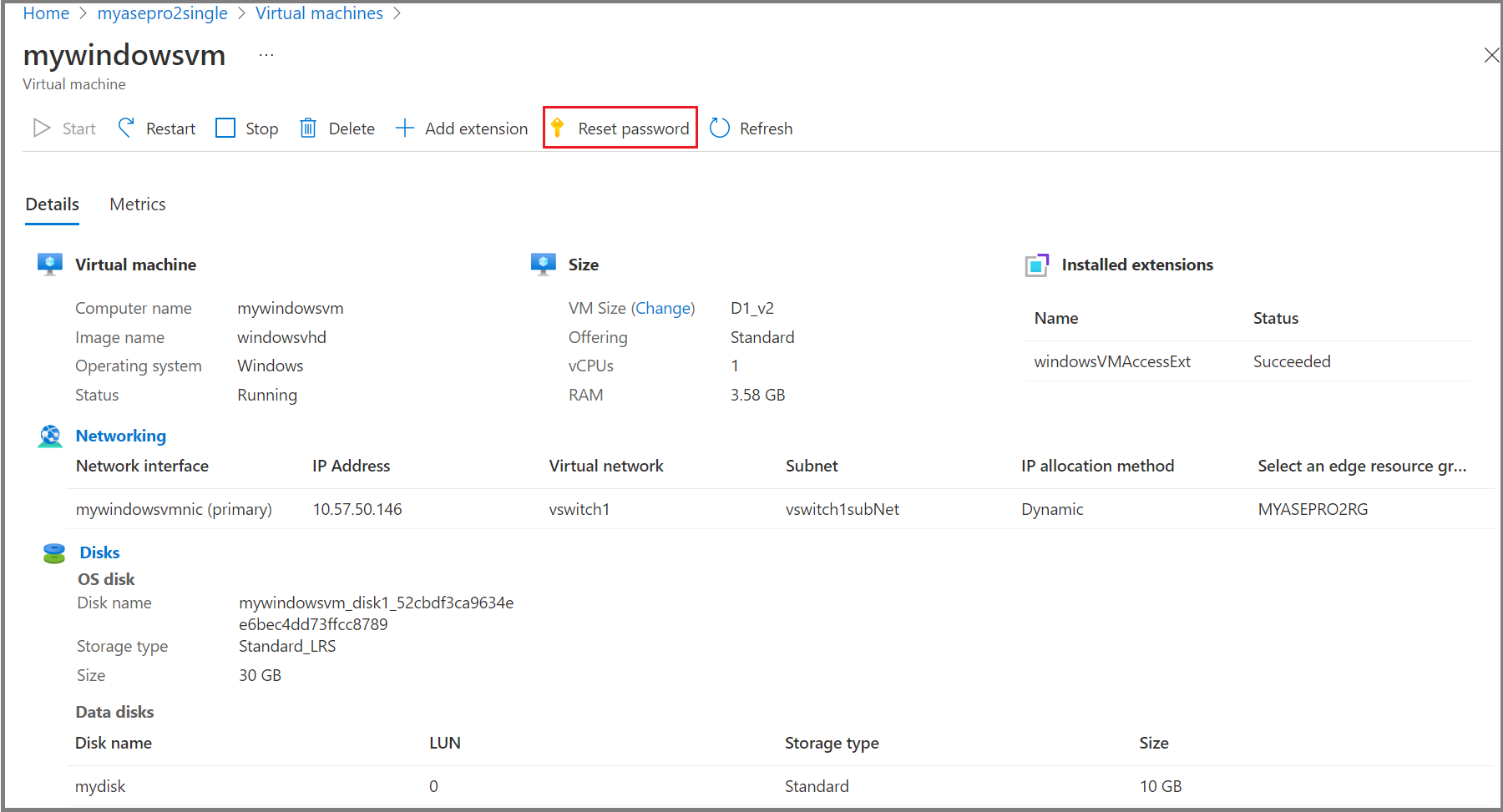 Screenshot of the Azure portal Windows V M change password tab.