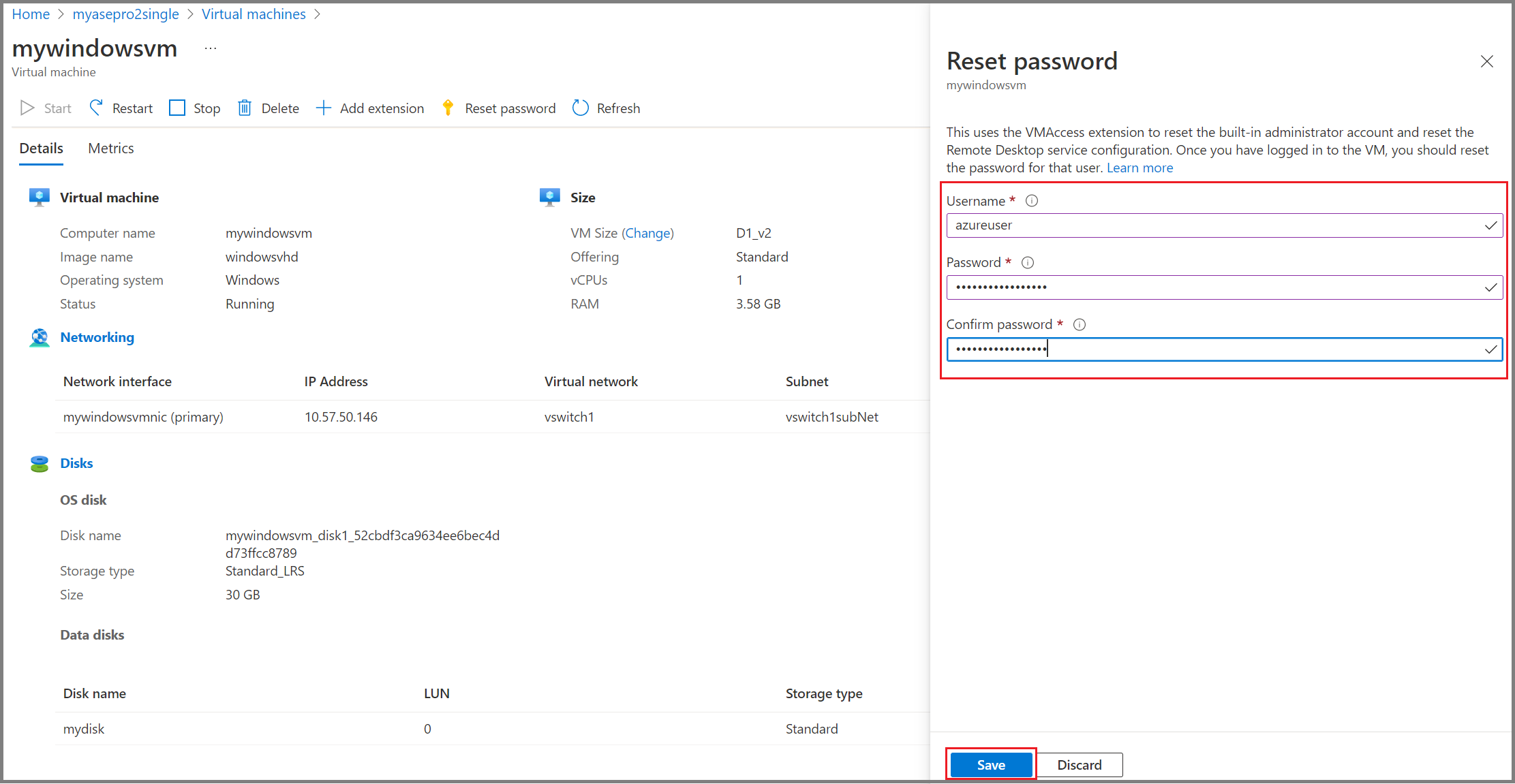 Screenshot of the Azure portal Windows V M change password control.