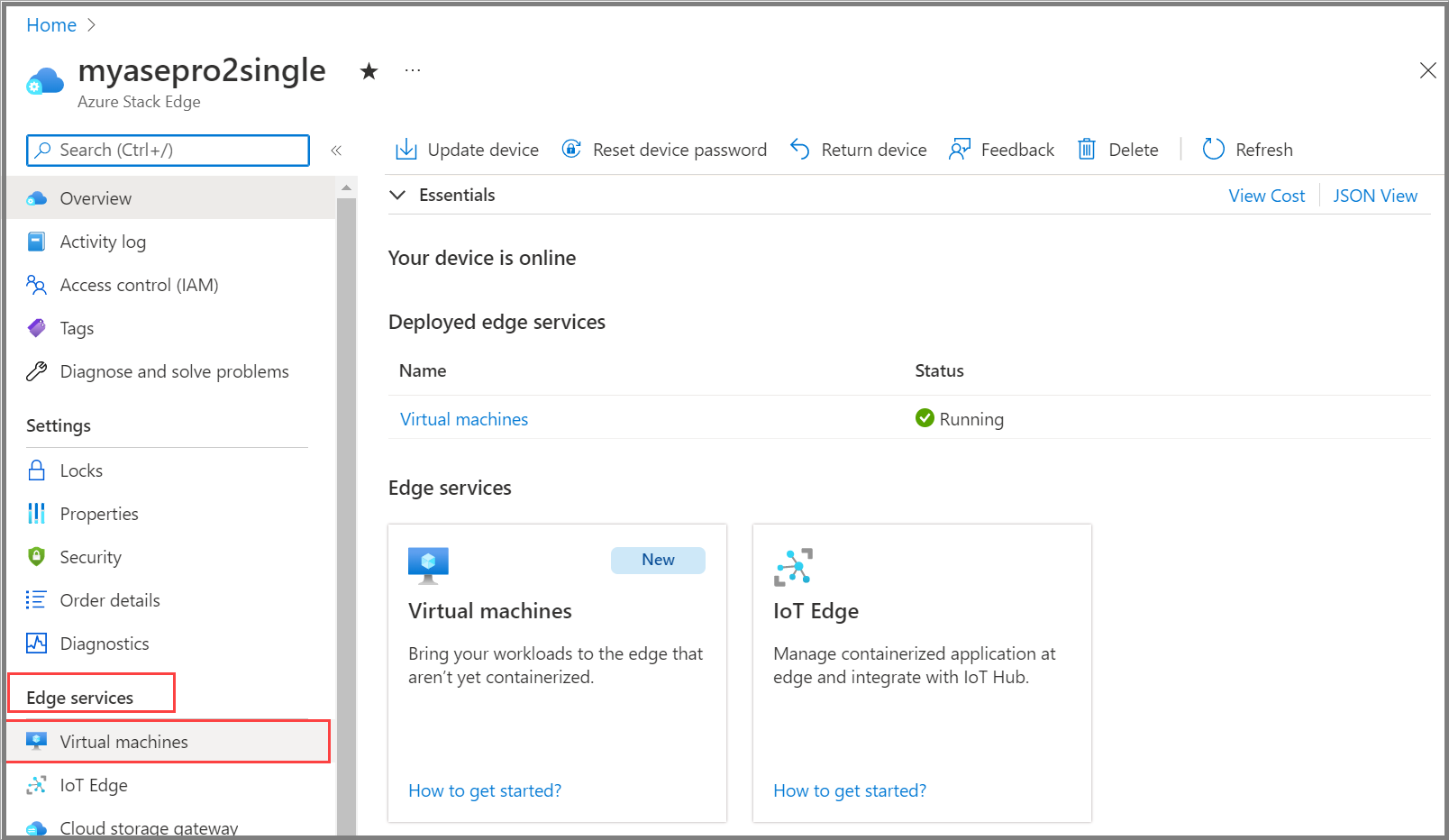 Screenshot of the Azure portal showing your Azure Stack Edge resource for your device, and how to navigate to your Windows V M.