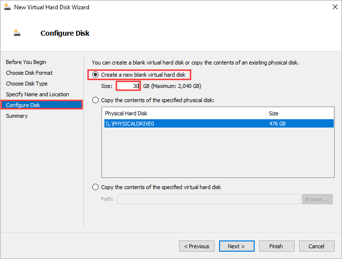 Settings for creating a new blank virtual hard disk and specifying the size