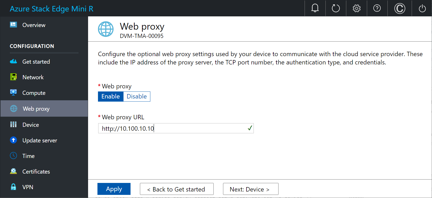 Local web UI "Web proxy settings" page