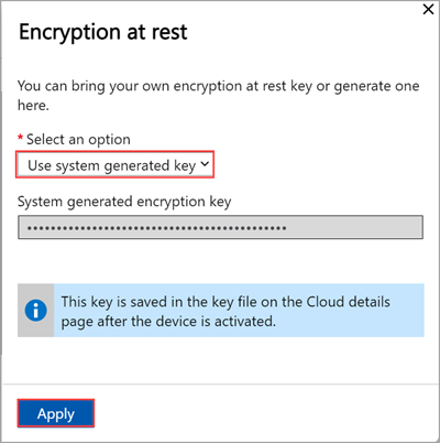 Screenshot of the local web UI "Encryption at rest" pane wit system generated key.