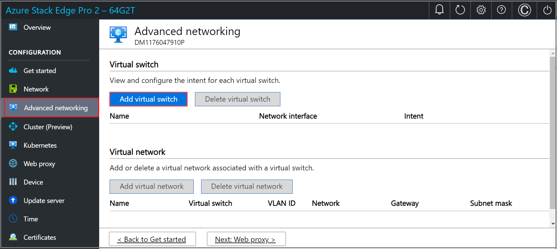 Screenshot of the Advanced networking page in the local web UI of an Azure Stack Edge device. The Add virtual switch button is highlighted.