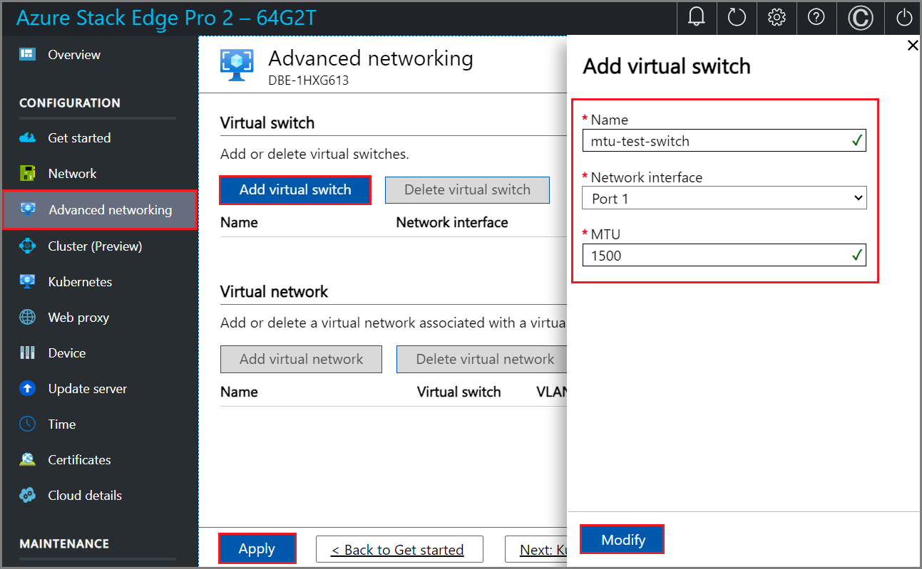 Screenshot of the Add a virtual switch settings on the Advanced networking page in local UI.