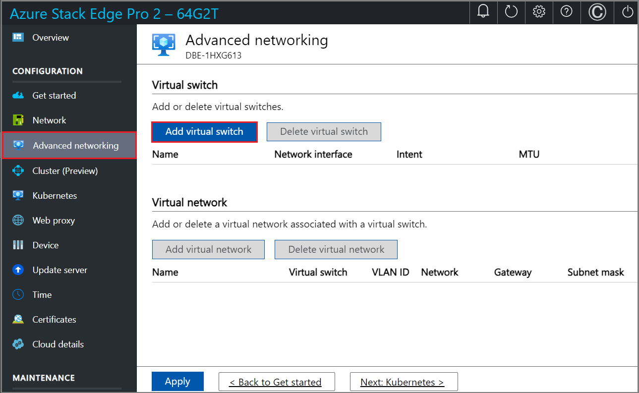 Screenshot of the Add a virtual switch option on the Advanced networking page in local UI.