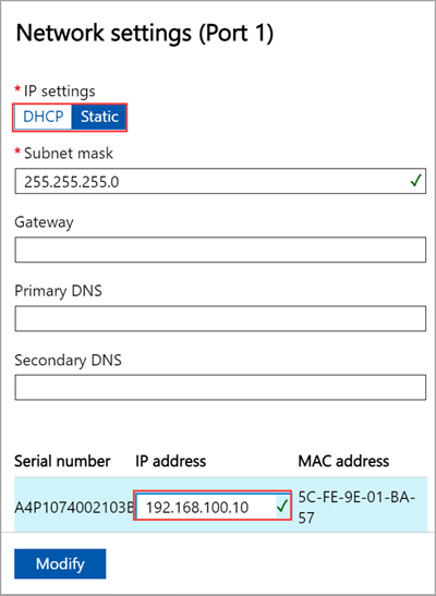 Screenshot of the Port 1 Network settings in the local web UI of an Azure Stack Edge device.