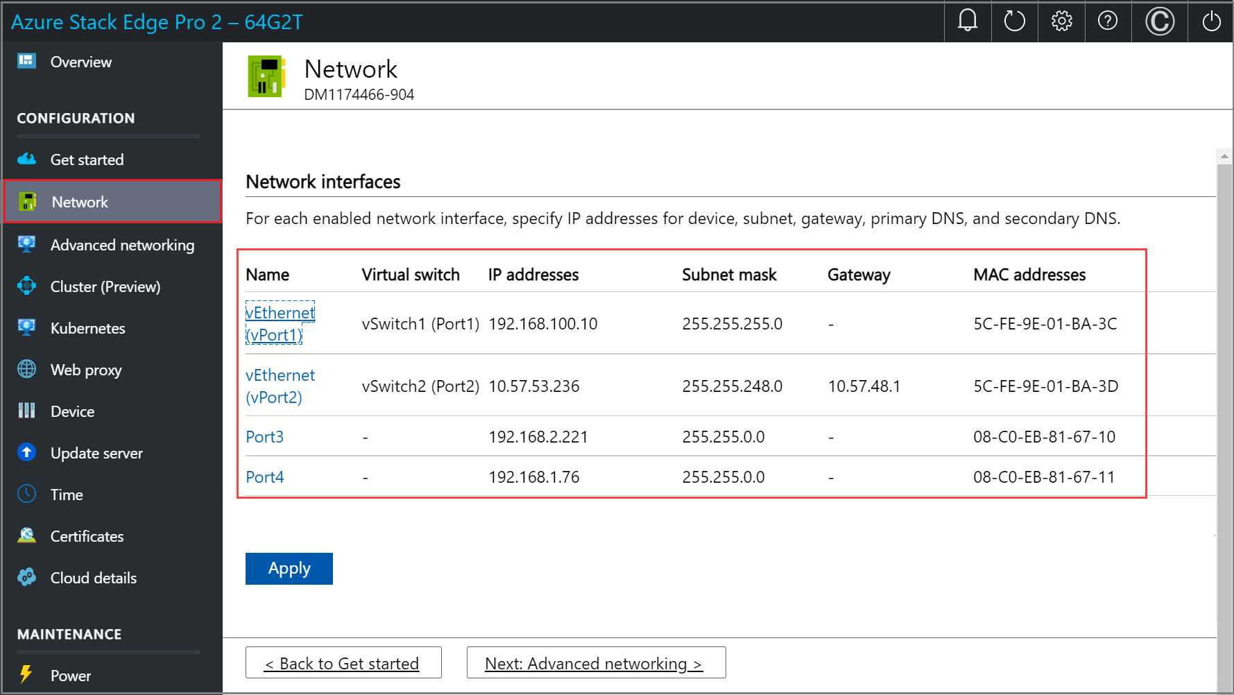Screenshot of local web UI "Network" page updated.