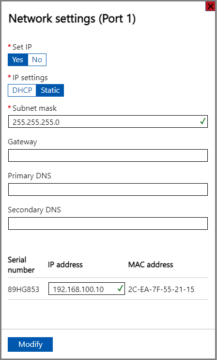 Local web UI "Port 1 Network settings"