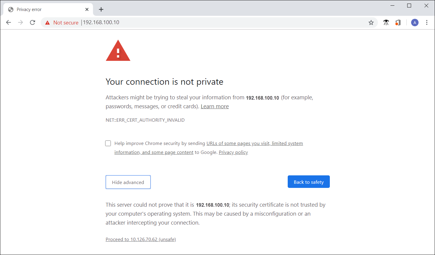 Website security certificate error message