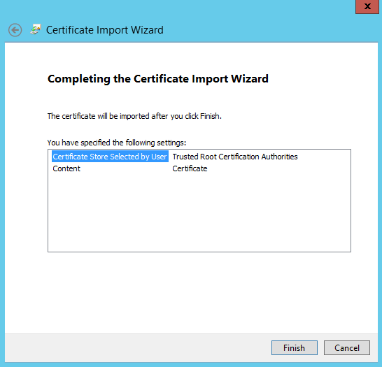 Certificate Import Wizard, finish import