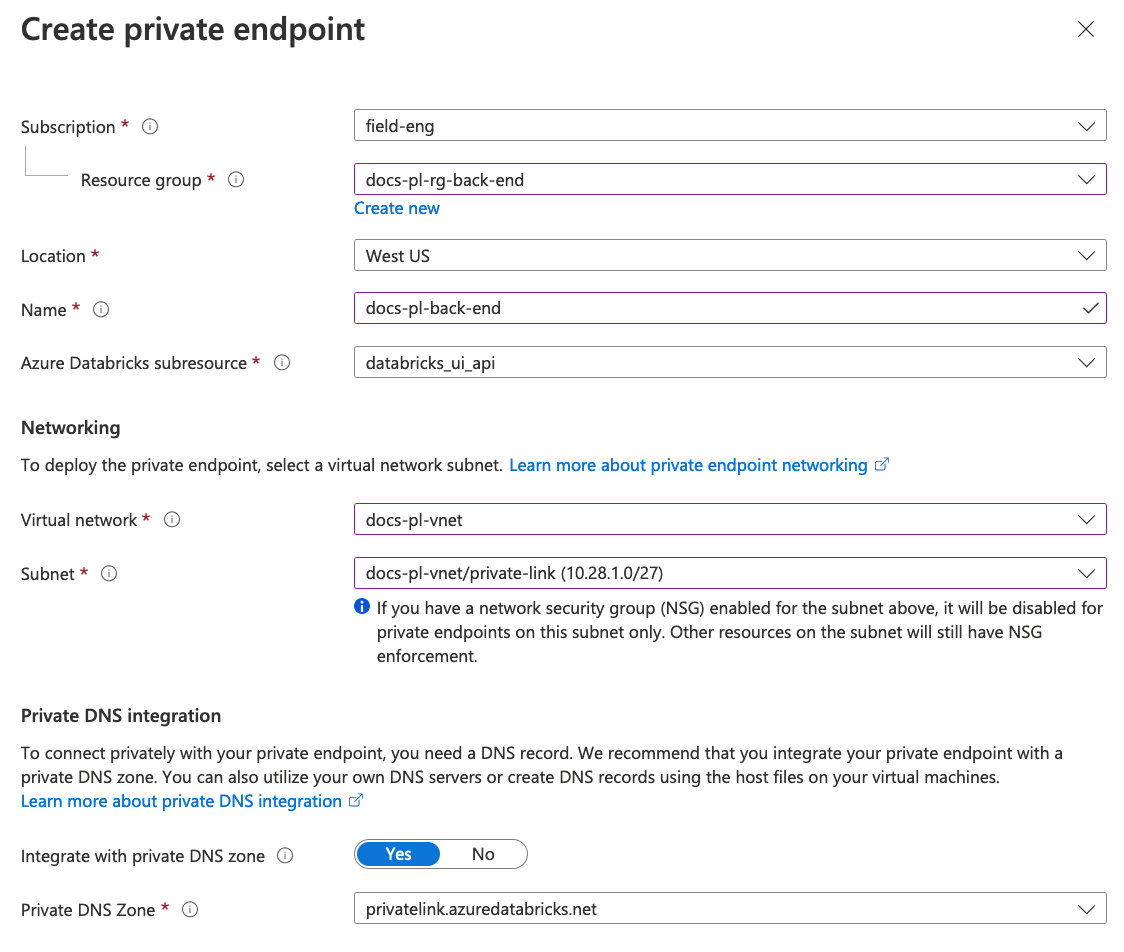 Create private endpoint blade