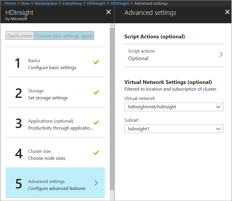 "HDInsight" and "Advanced settings" panes, with virtual network settings