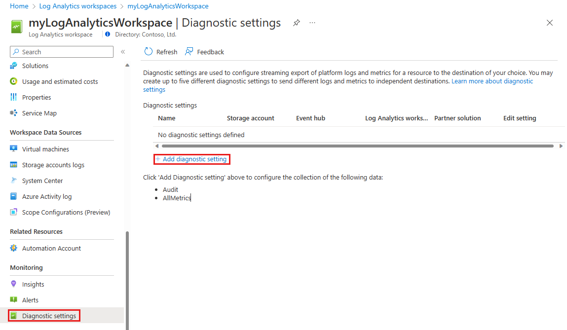 Screenshot of locating log analytics workspace diagnostic setting.