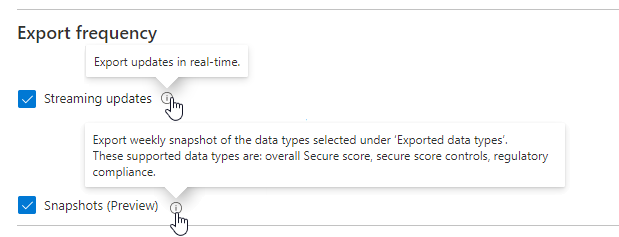 For the secure score over time workbook you'll need to select both of these options from the export frequency settings in your continuous export configuration.