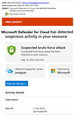 Defender for Cloud's email notification about a suspected brute force attack.