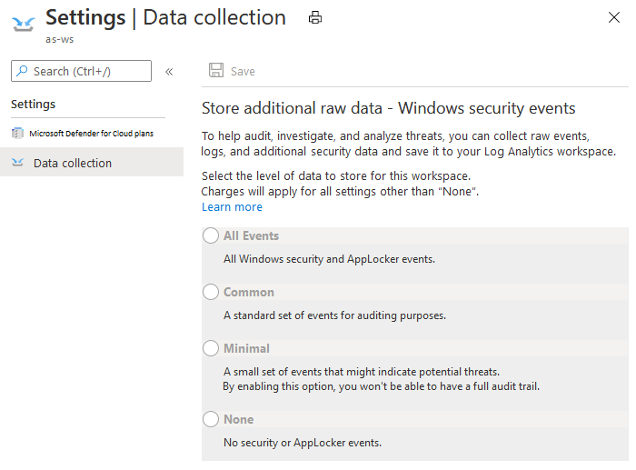 Setting the security event data to store in a workspace.