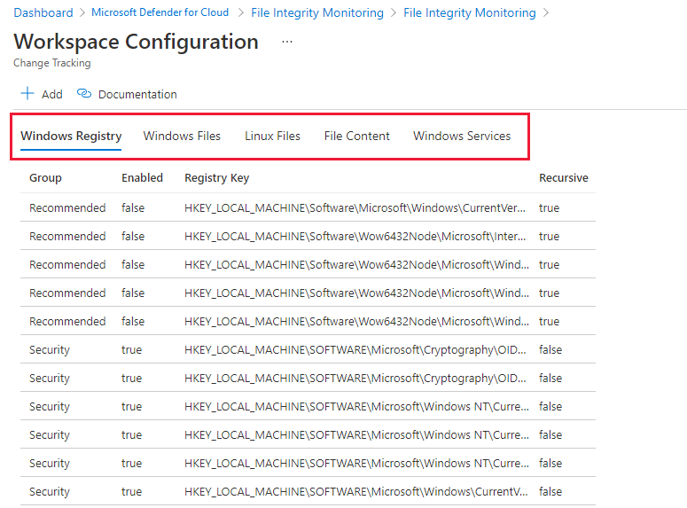 Screenshot of workspace configuration for file integrity monitoring in Microsoft Defender for Cloud.