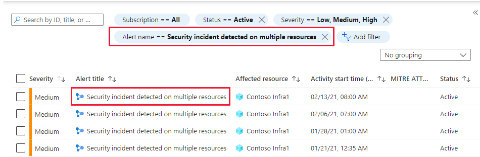 List of incidents on the alerts page in Microsoft Defender for Cloud.
