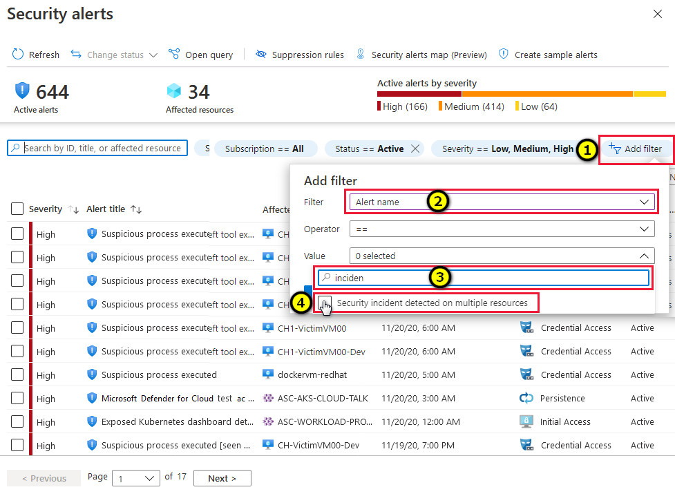 Locating the incidents on the alerts page in Microsoft Defender for Cloud.