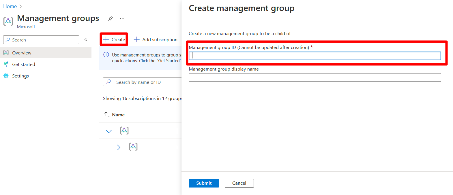 Adding a management group to Azure.