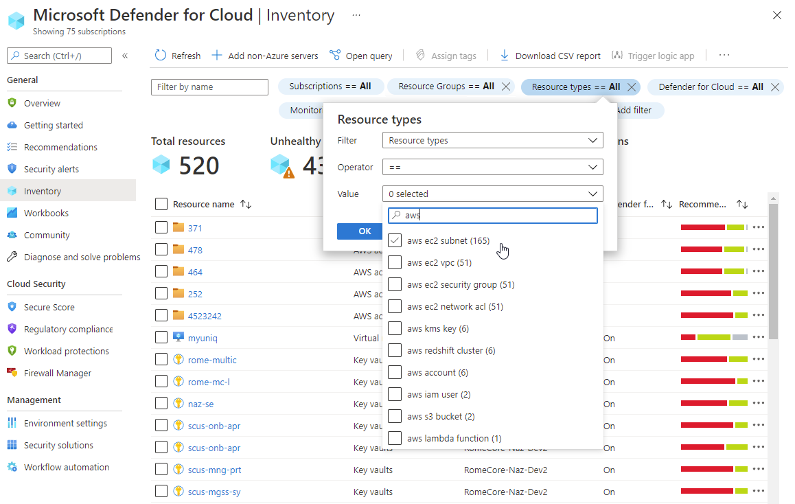 Asset inventory page's resource type filter showing the AWS options