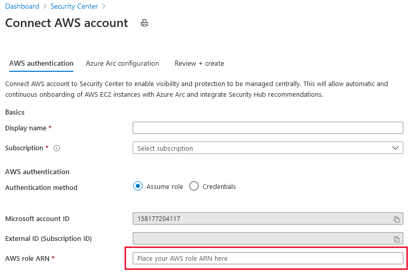 Pasting the ARN file in the relevant field of the AWS connection wizard in the Azure portal.