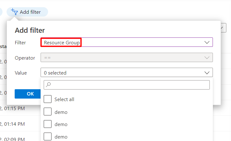 Screenshot that shows the new resource group filter.