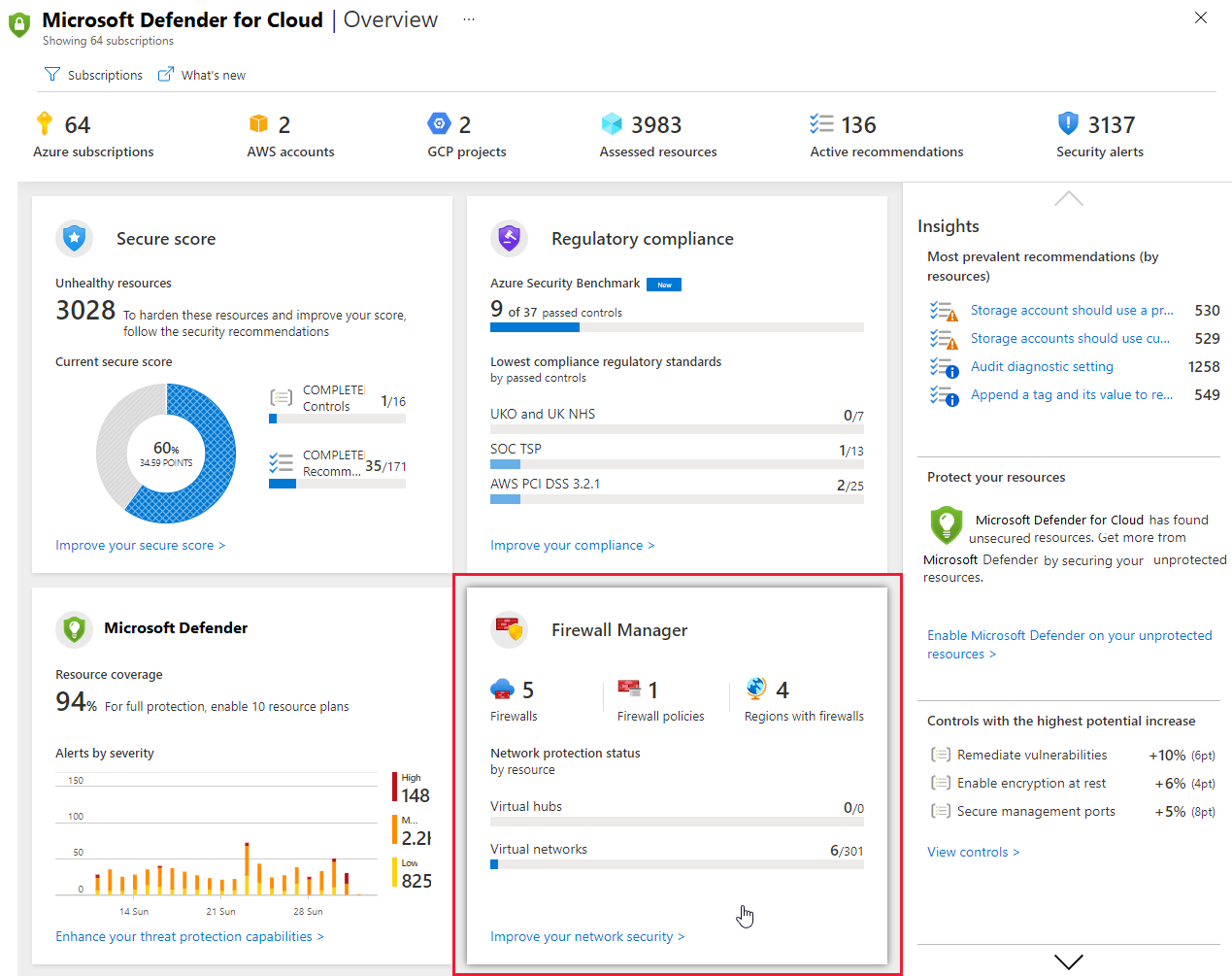 Security Center's overview dashboard with a tile for Azure Firewall