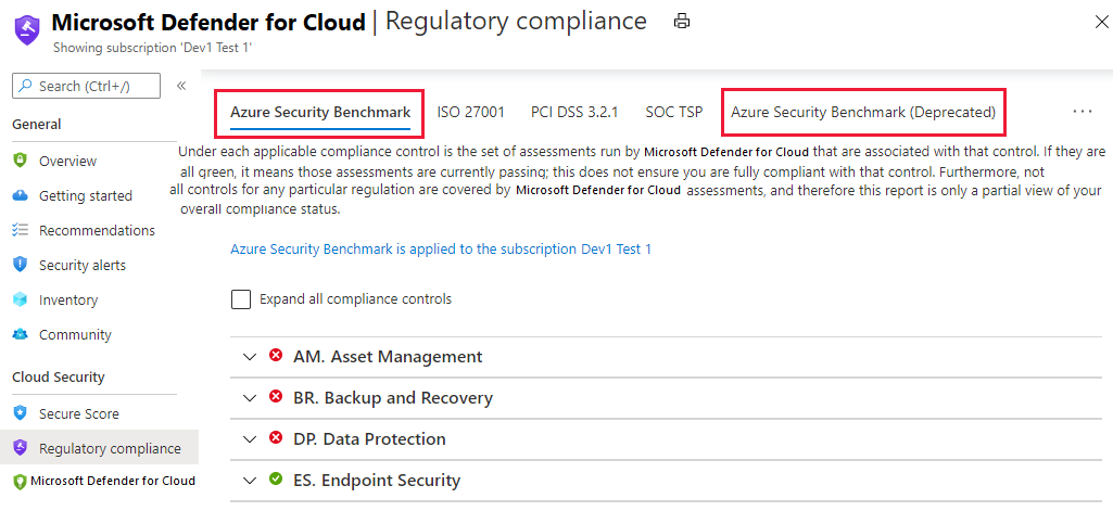 Azure Security Center's regulatory compliance dashboard showing the Azure Security Benchmark