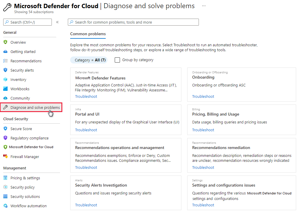 Defender for Cloud's 'Diagnose and solve problems' page