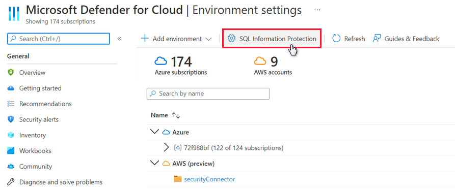 Accessing the SQL Information Protection policy from the environment settings page of Microsoft Defender for Cloud.