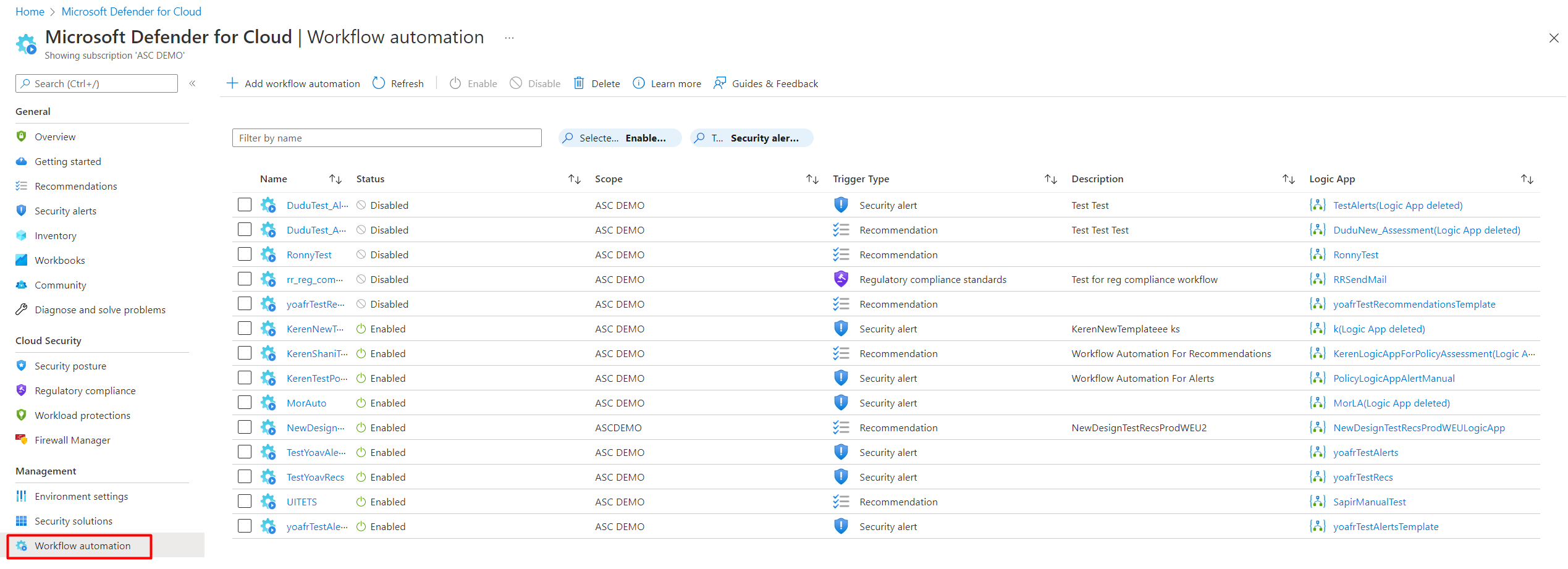 Screenshot of workflow automation page showing the list of defined automations.