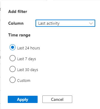 Screenshot of the add filter screen where you can select the time period to see the last activity.