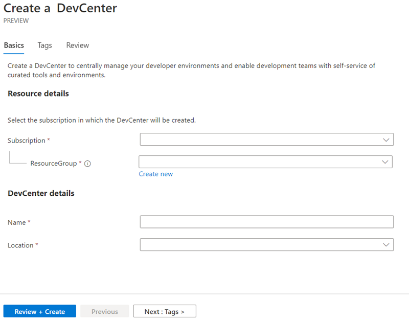 Screenshot showing the Create dev center Basics tab.