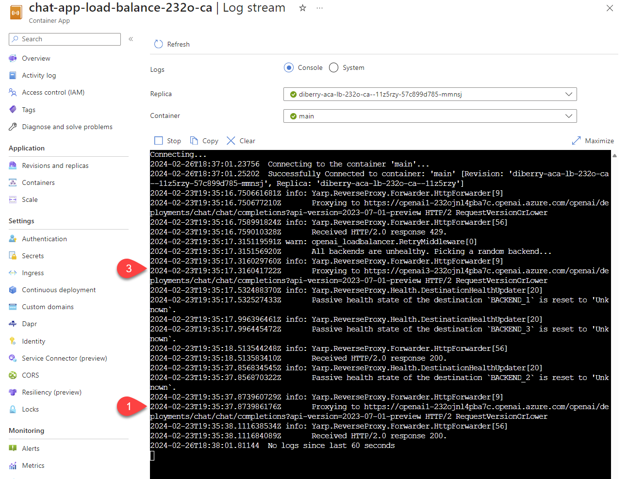 Screenshot showing Azure Container App streaming logs with two log lines high lighted which demonstrate the log comment. 