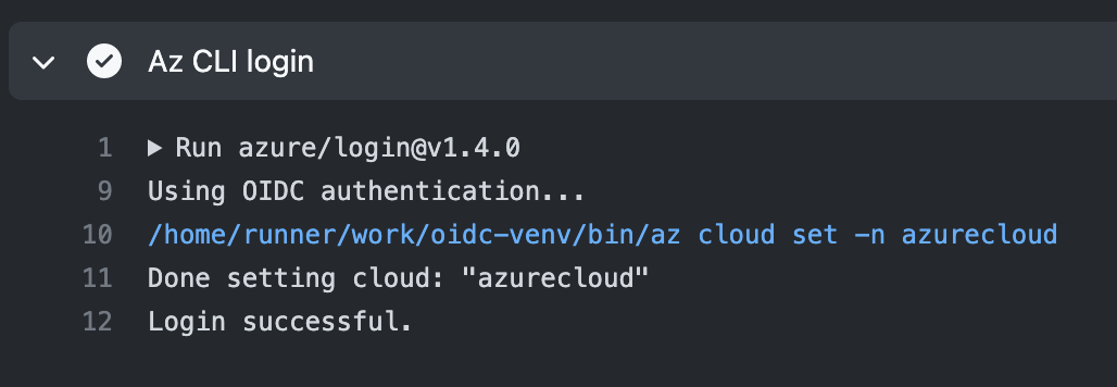 GitHub Actions Azure Login successful.